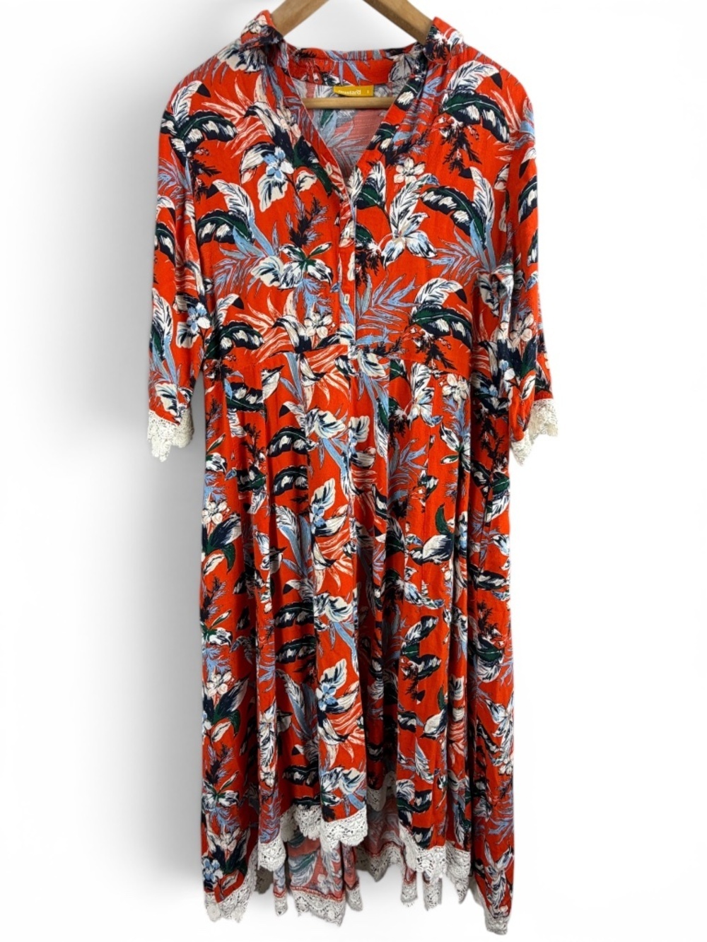 tropical floral babydoll crochet trim midi market garden dress plus size one